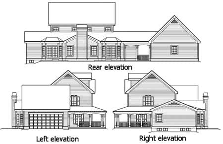 Rear, left, and right elevations of a house plan. Features include a side-entry garage, gables, and covered porches.
