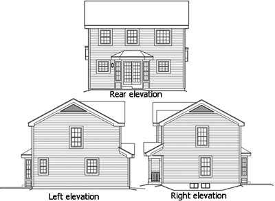 House plan elevations: rear, left, and right views of a two-story house with a prominent rear entrance and gabled dormers.