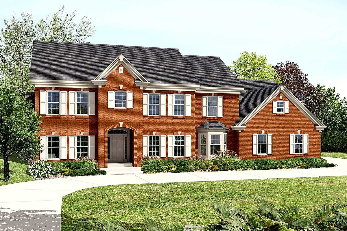 Two-story brick house plan exterior with arched entryway, symmetrical windows, bay window, and multiple gables.