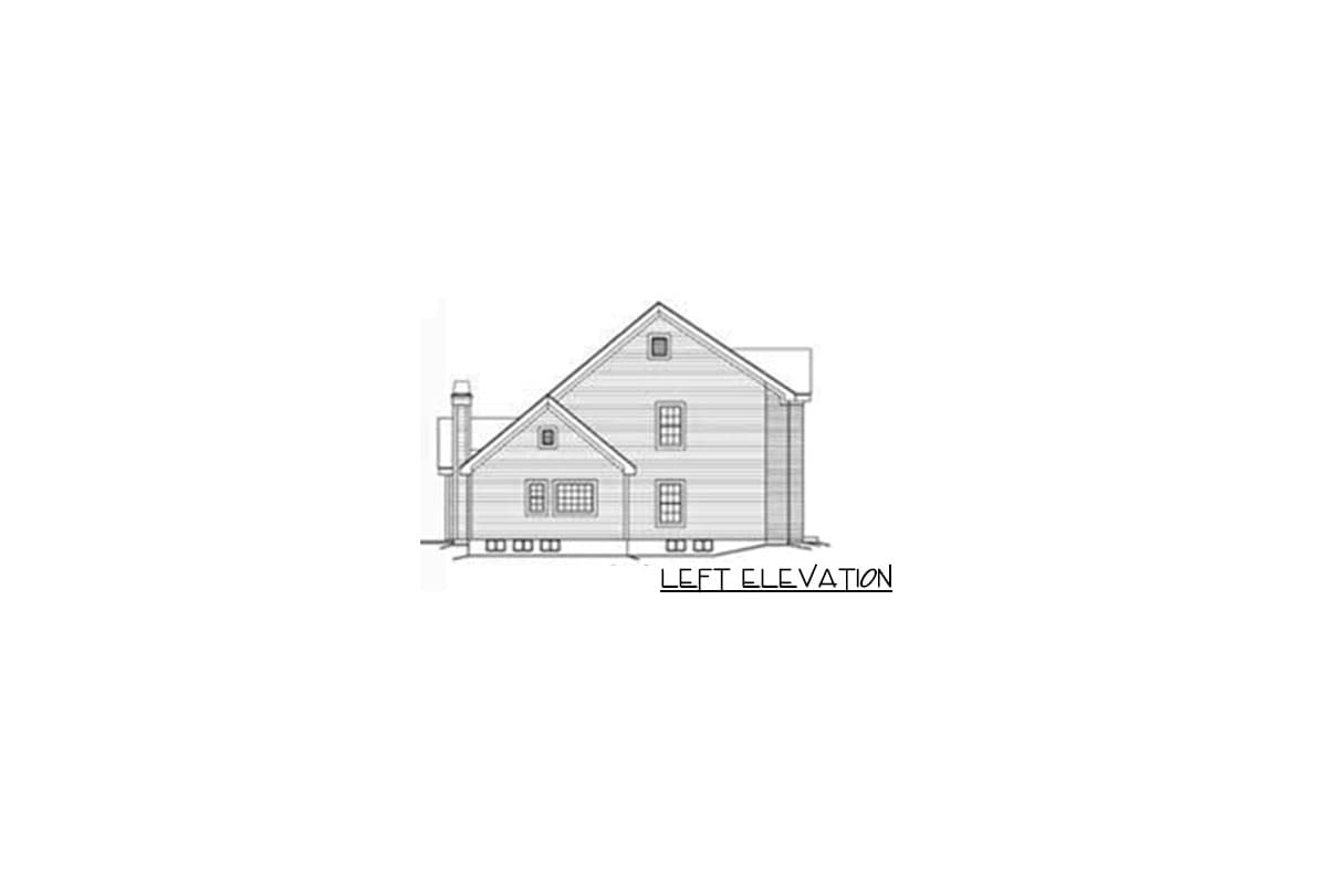 Left elevation drawing of a house plan with a gabled roof, dormer, and chimney.