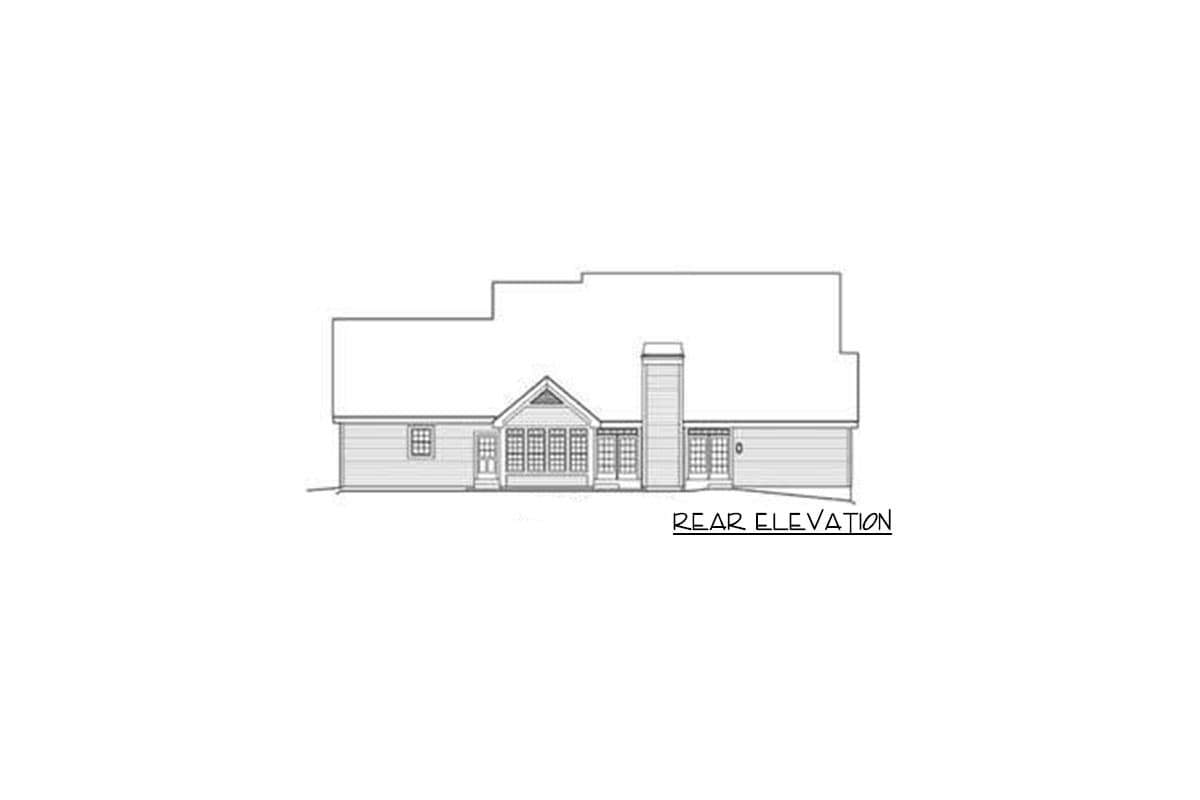 Rear elevation drawing of a house plan, showing a central gable with many windows, a large chimney, and two doors.