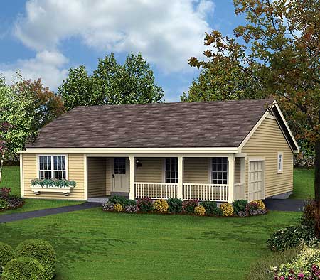 House plan exterior: One-story home with a covered front porch, white railings, multi-pane windows, and an attached garage.