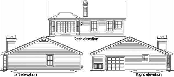 House plan exterior elevations showing left, rear, and right views with gable roof, chimney, and attached garage.