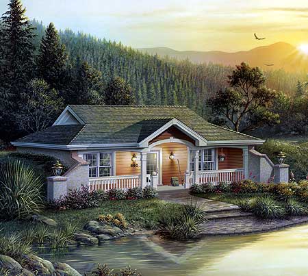 House plan exterior featuring a one-story Ranch style with a covered porch, gable roof, and stone accents.