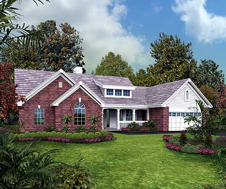 House plan exterior: One-story brick home with gables, arched window, dormer, and attached garage.