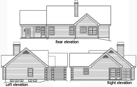Rear, left, and right elevations of a house plan featuring a gabled roof, chimney, and double door entry.