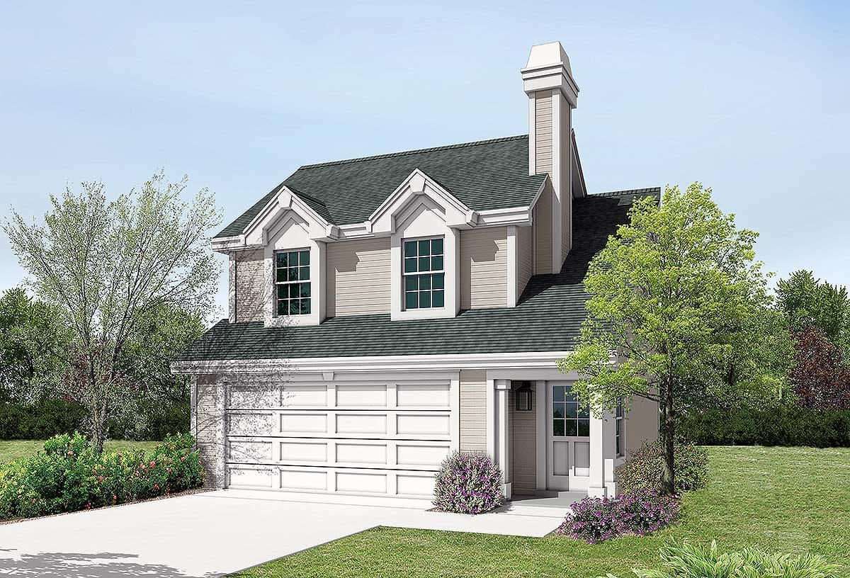 House plan exterior: two-story, siding, gable dormers, prominent chimney, attached garage with white doors.