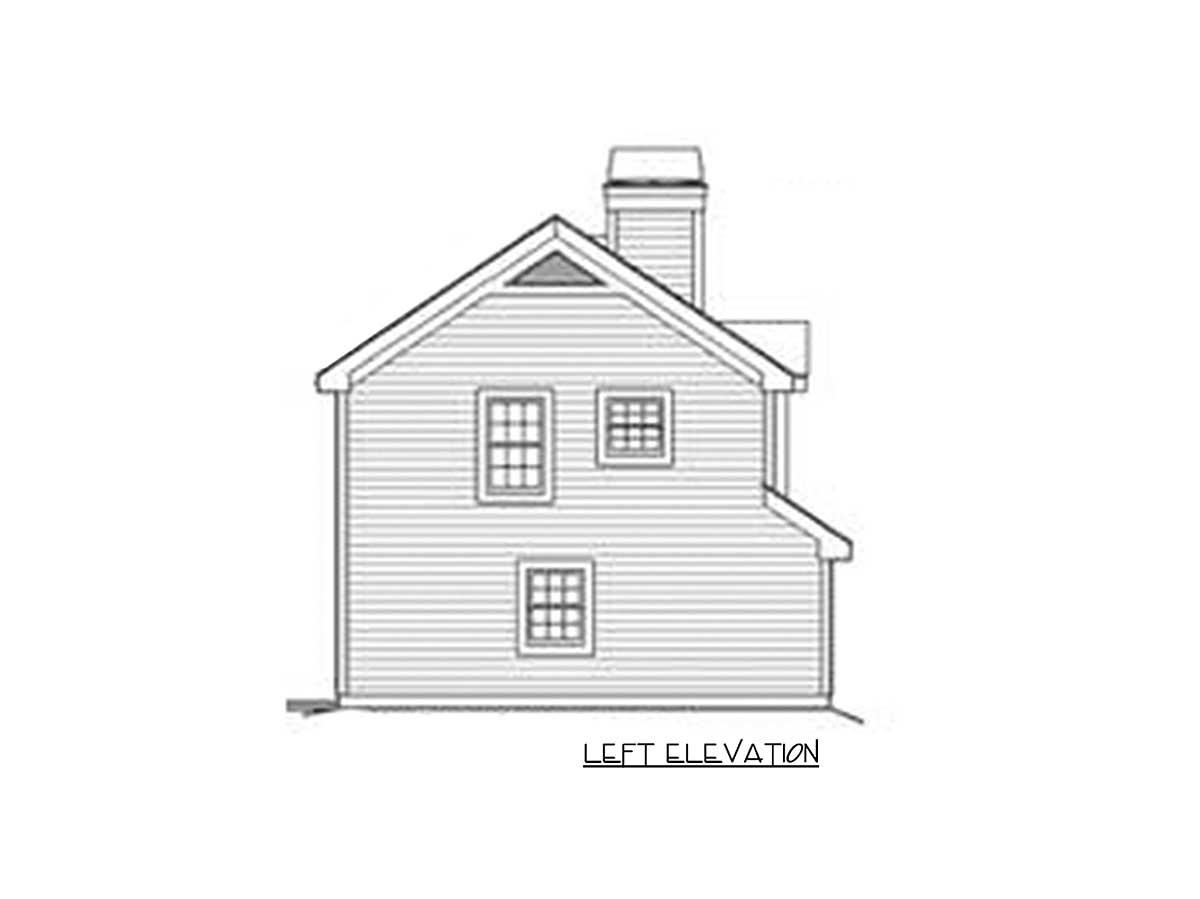 House plan left elevation showing a two-story structure with siding, gabled roof, chimney, and grid windows.