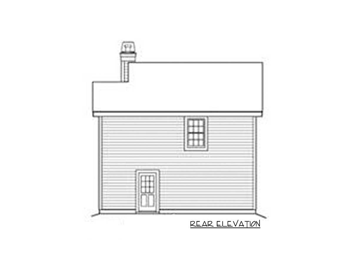 Rear elevation drawing of a two-story house with clapboard siding, a central window, and a front-facing door.