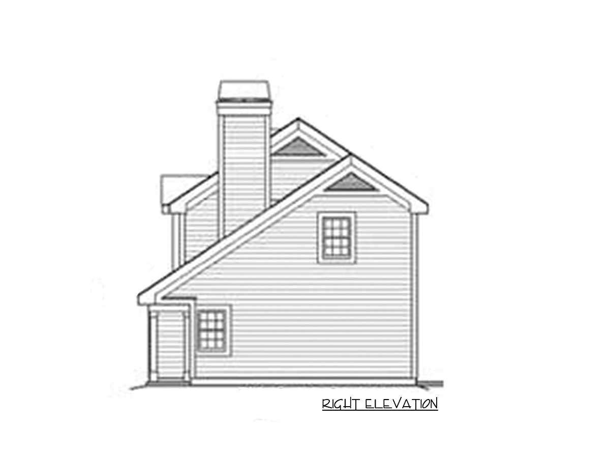 Right elevation house plan drawing showing a prominent chimney, gables, and double-hung windows.
