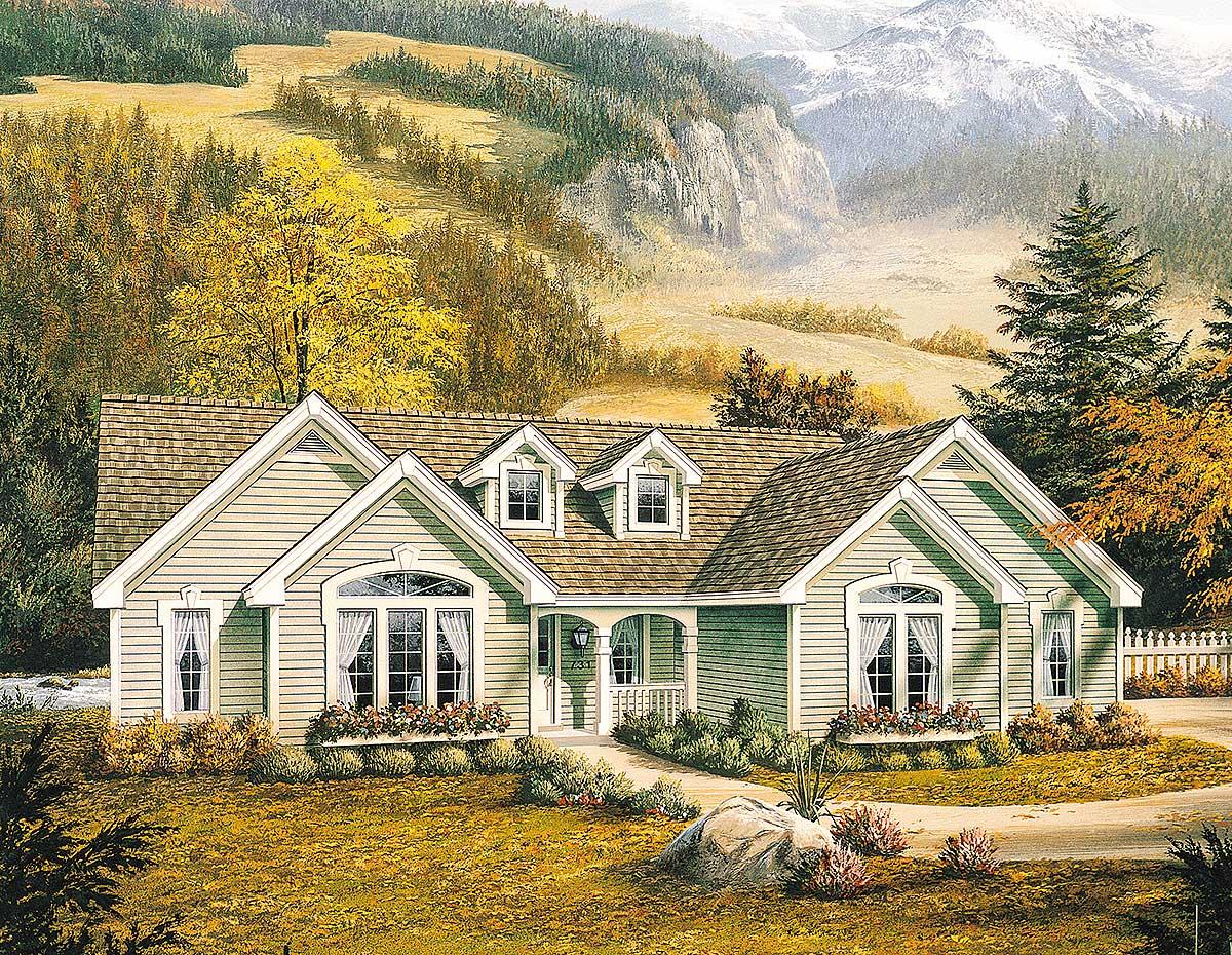 House plan exterior: One-story cottage style home with gabled roof, dormers, and a covered front porch.