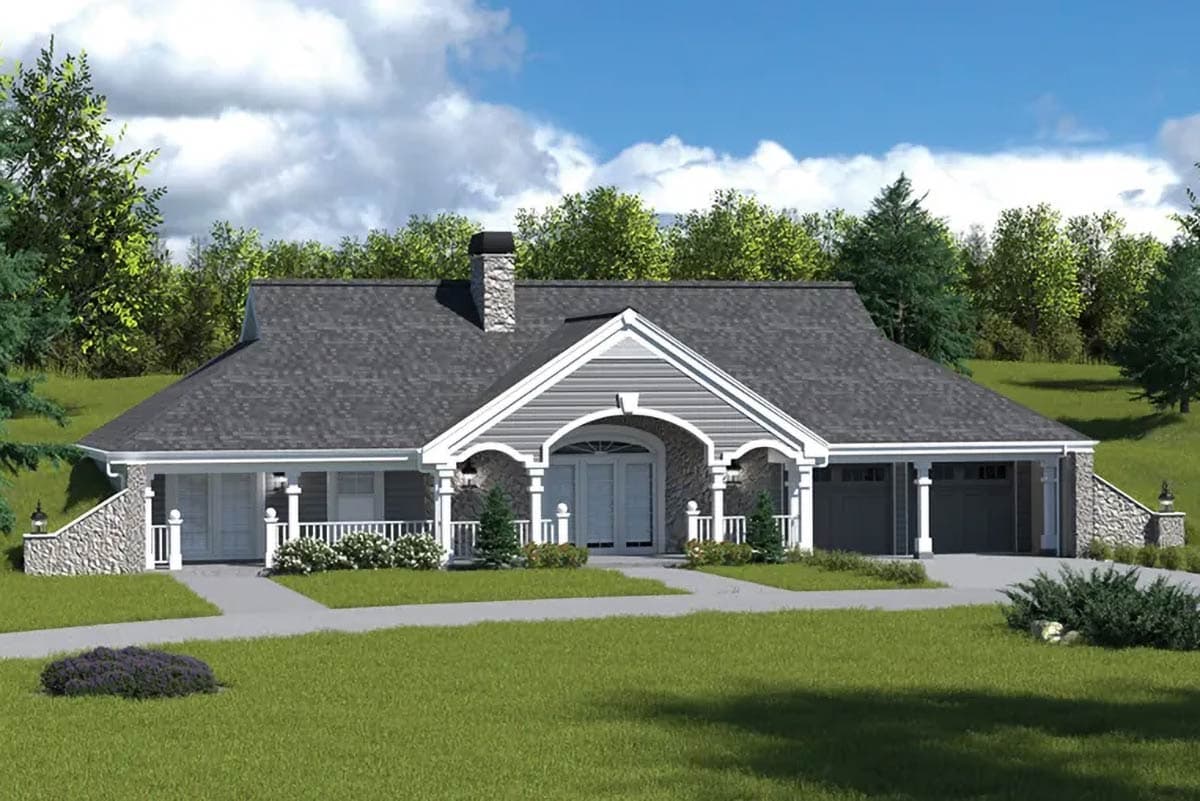 House plan exterior. Ranch style with a stone facade, gabled roof, and attached garage. Features include a covered porch with columns.