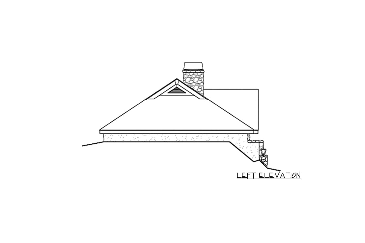 Left elevation drawing of a house with a prominent gable, stone chimney, and dormer.