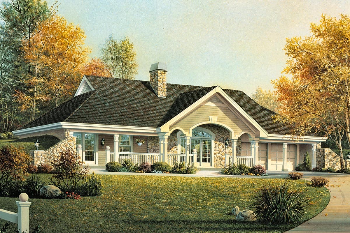 House plan exterior shows a one-story home with stone accents, a covered porch with columns, gabled roof, and a three-car garage.