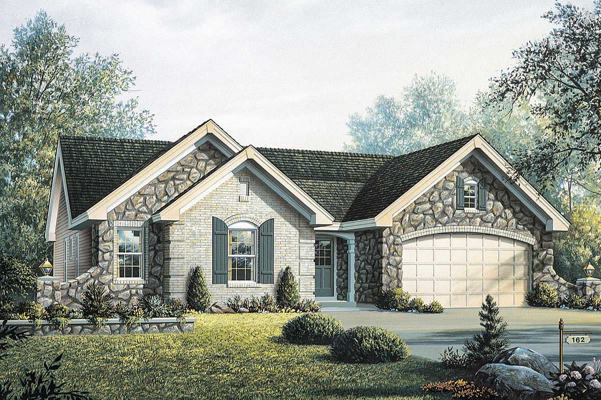 House plan exterior featuring stone and brick facade, gabled rooflines, dormer window, and attached garage.