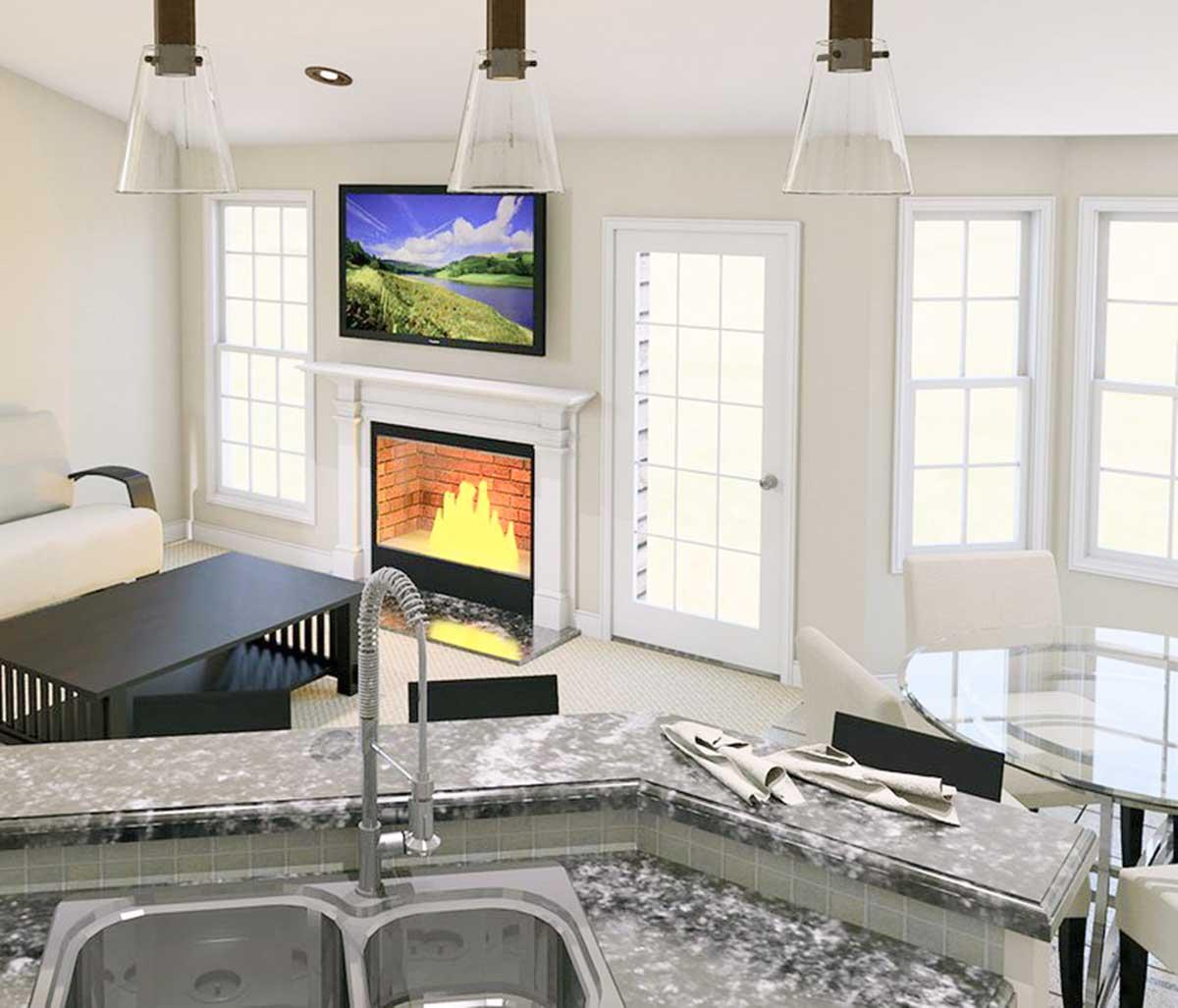 Kitchen and living area rendering with fireplace, sink, dining table, and sofa. Large windows and glass door.