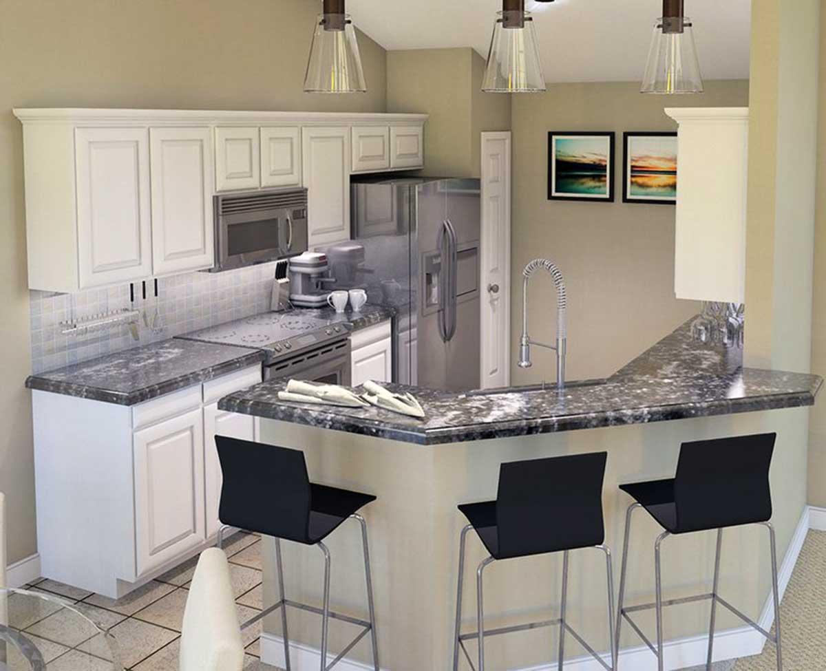 Kitchen with white cabinets, stainless steel appliances, granite countertops, and a breakfast bar with black stools.