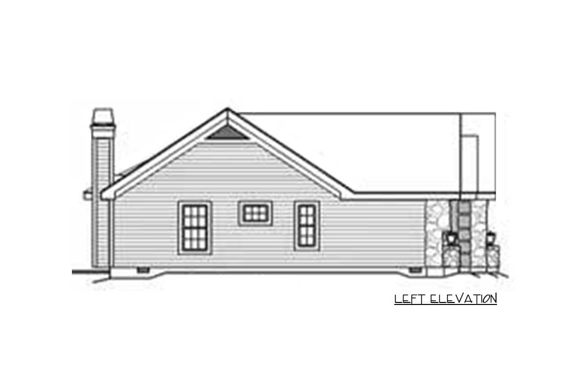 Left elevation drawing of a house plan with a gabled roof, dormer, chimney, and stone foundation.