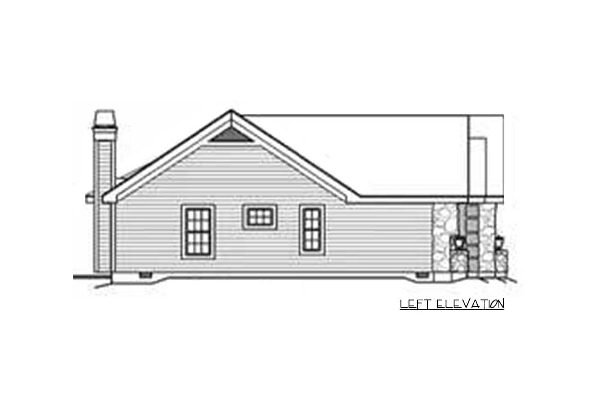 Left elevation house plan drawing showing siding, prominent gabled dormer, chimney, and stone foundation.