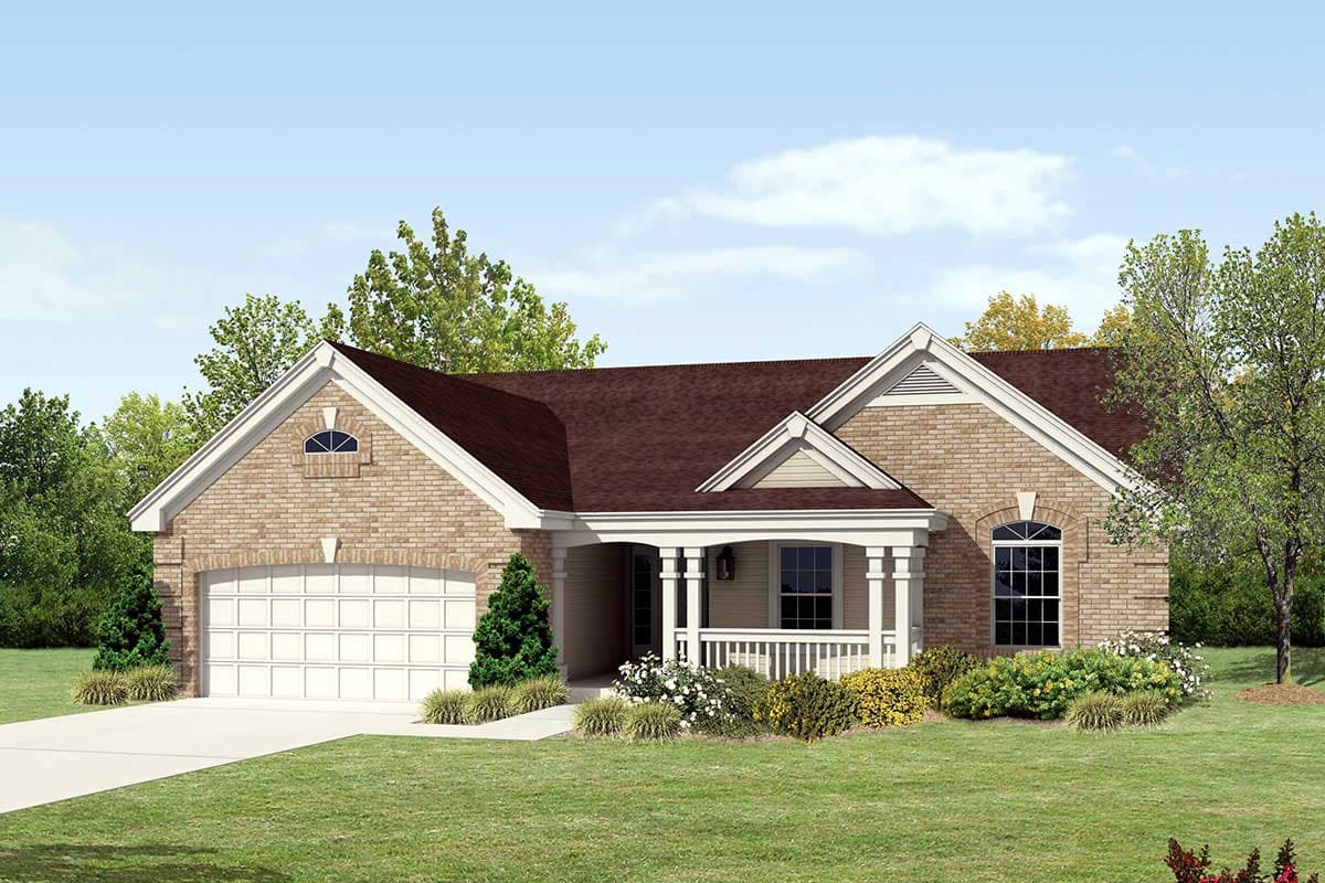 House plan exterior with brick facade, gable roof, and covered porch with pillars. Features a two-car garage and a small dormer.
