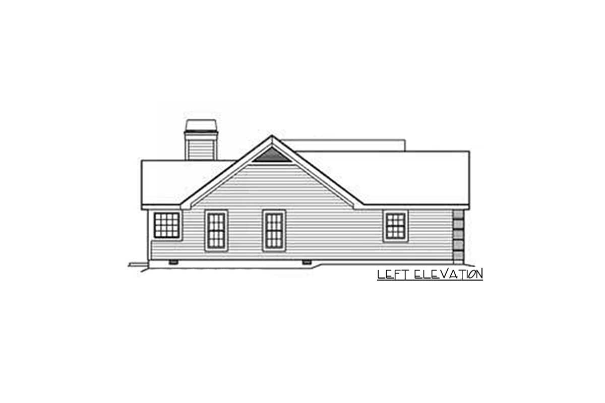 Left elevation drawing of a house plan, showing a gabled roof, chimney, and multiple windows.