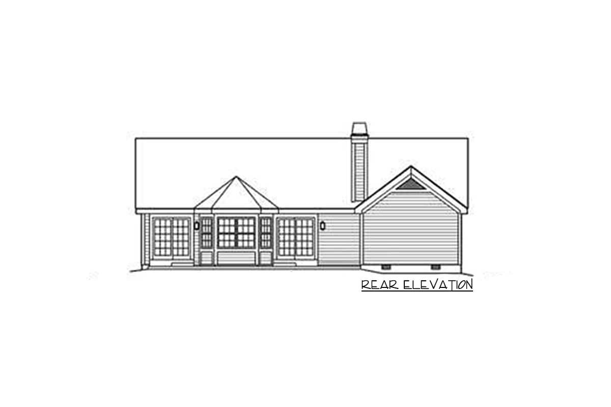 Rear elevation drawing of a house plan featuring a prominent chimney, gabled roof section, and a polygonal bay window.