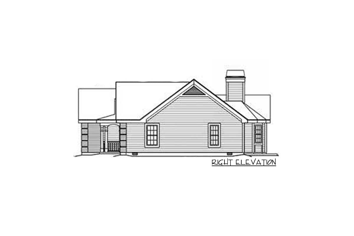 Right elevation of a house plan showing a covered porch, gable vents, two windows, and a chimney.