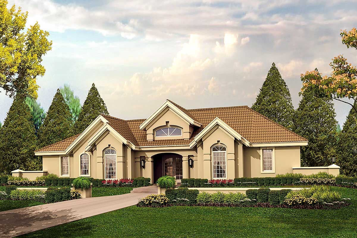 House plan exterior: Single-story home with a central arched entryway, multiple gables, dormer window, and a tile roof.