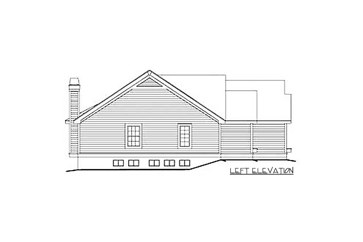 Left elevation of a house plan, showing a gabled roof, a prominent chimney, and multiple windows.