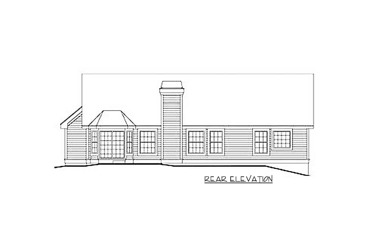 Rear elevation drawing of a house plan featuring a tall chimney, multiple windows, and horizontal siding.