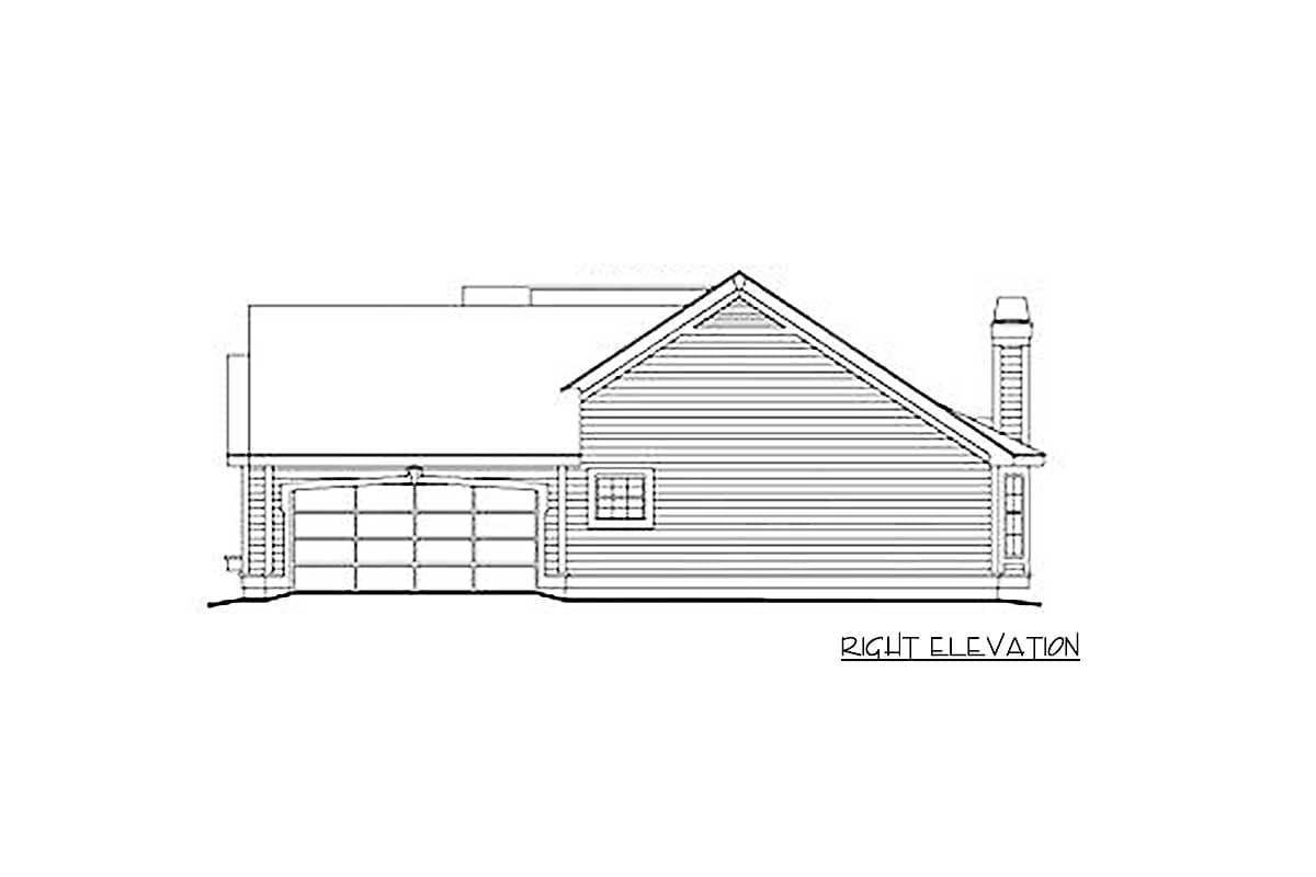 Right elevation house plan drawing showing a garage, one window, and a chimney.
