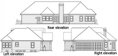 House plan elevations: rear, left, and right views showing a one-story home with a prominent chimney and a three-car garage.