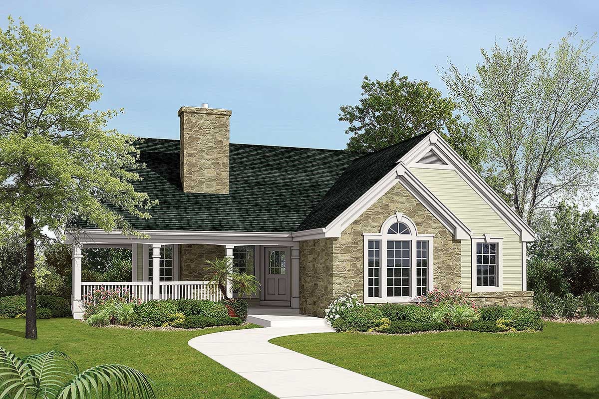 House plan exterior: Single-story home with a wraparound porch, stone chimney, and arched window.