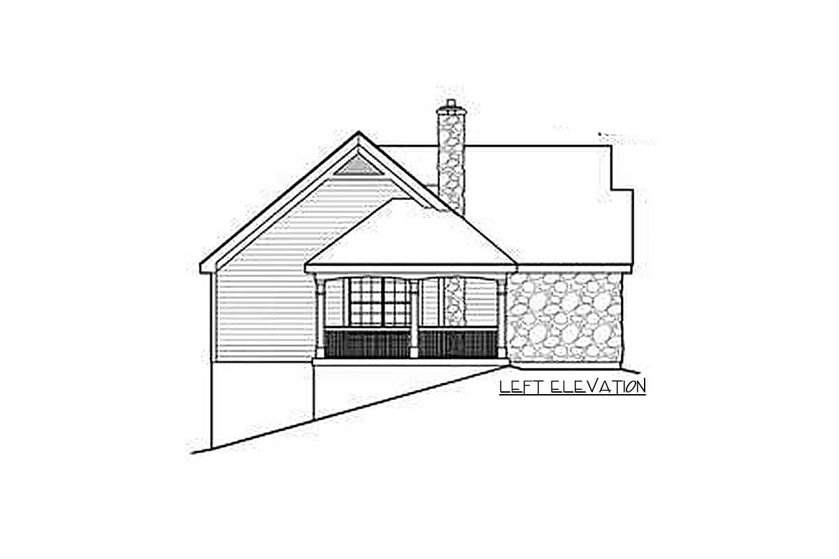 Left elevation house plan drawing showing a covered porch, stone base, gabled roof, and chimney.