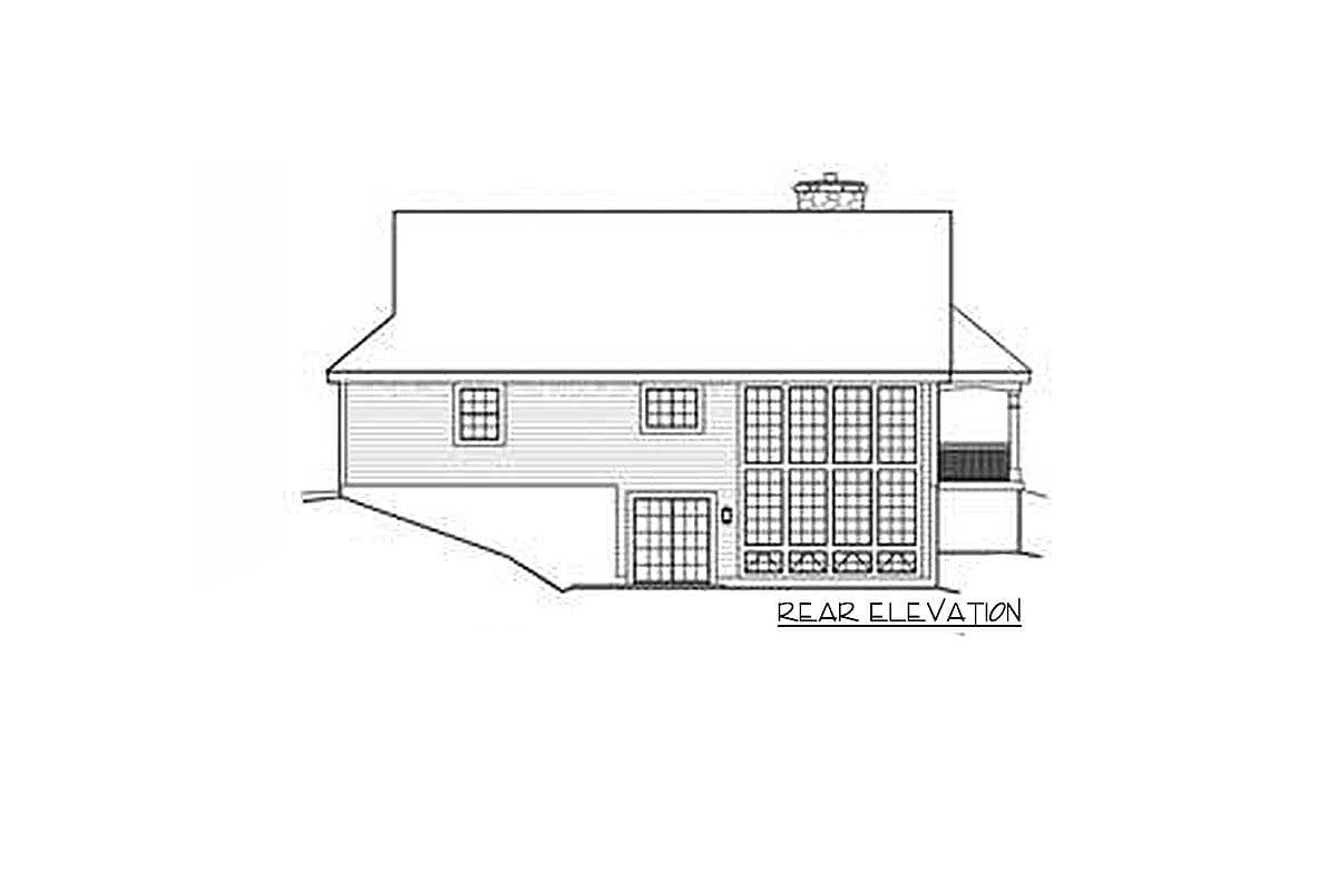 Rear elevation drawing of a house plan with multiple windows, sliding doors, and a chimney.