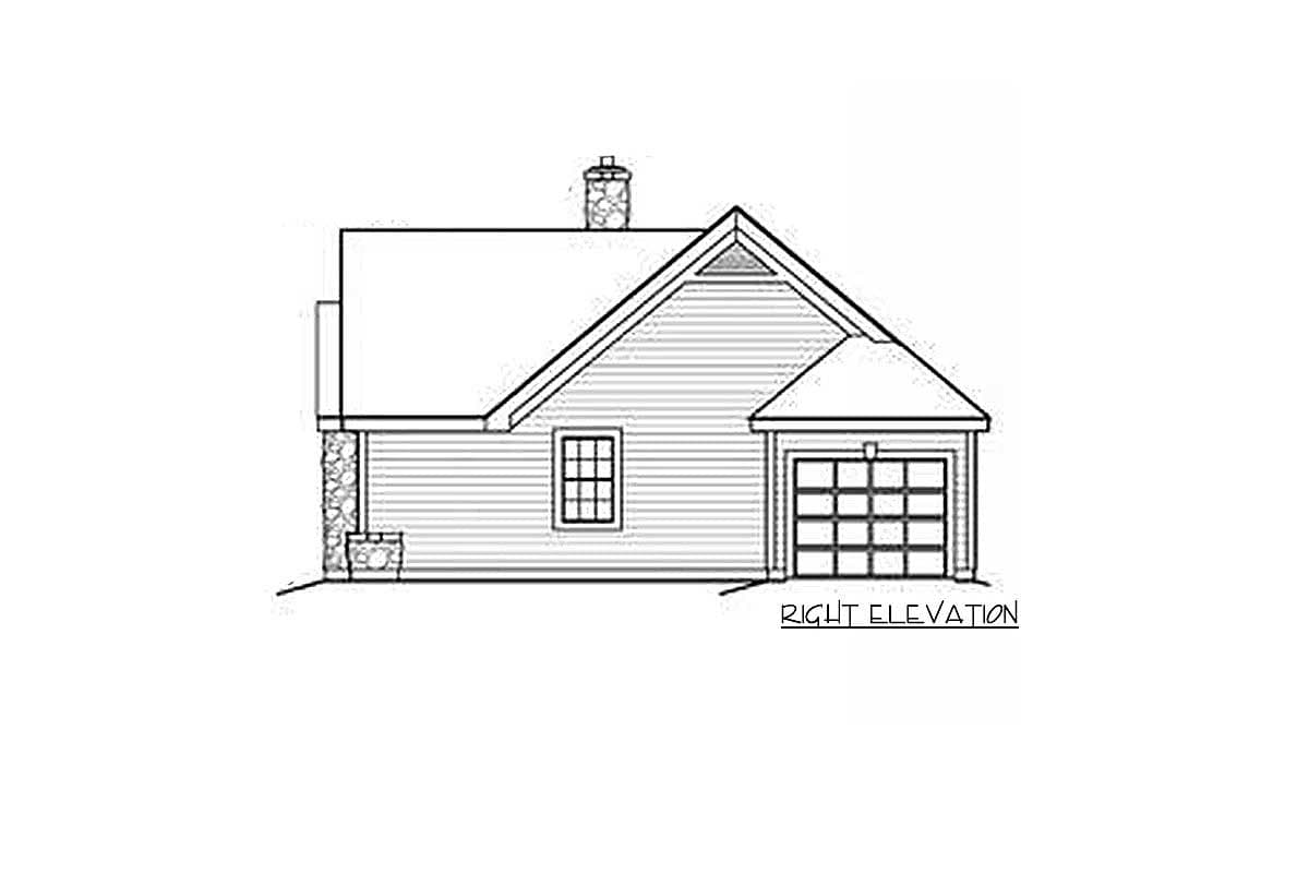 Right elevation of a house plan featuring stone accents, a dormer, a garage, and a chimney.
