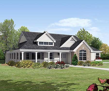 House plan exterior: One-story Modern Farmhouse with wrap-around porch, gables, and dormer.