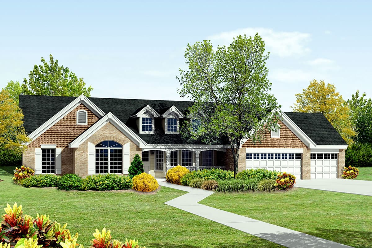 House plan exterior: One-story brick house with a covered porch, dormers, prominent gables with shingles, and a three-car garage.