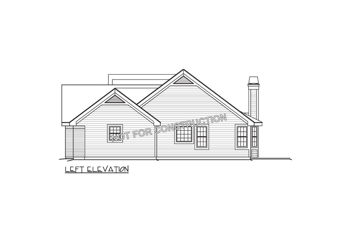 Left elevation house plan drawing showing a single-story structure with gables, a chimney, and multiple windows.