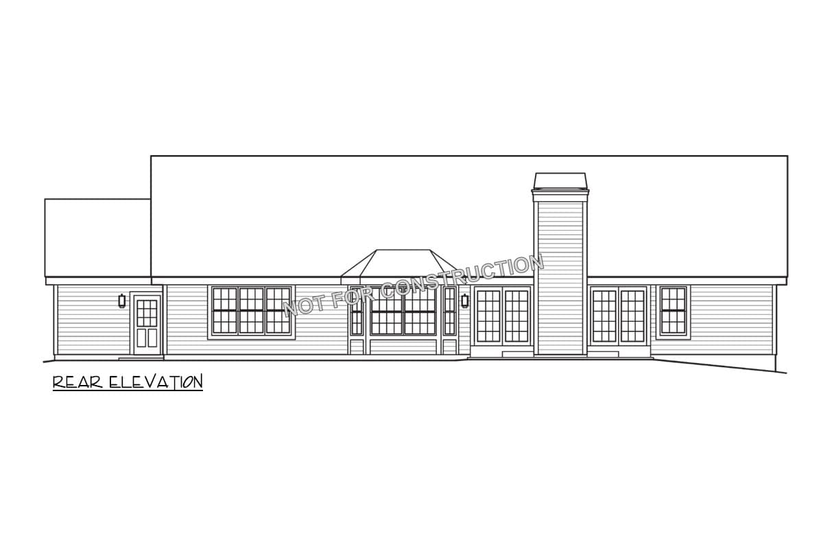 Rear elevation drawing of a house with a large gable section, a prominent chimney, and multiple French doors and windows.