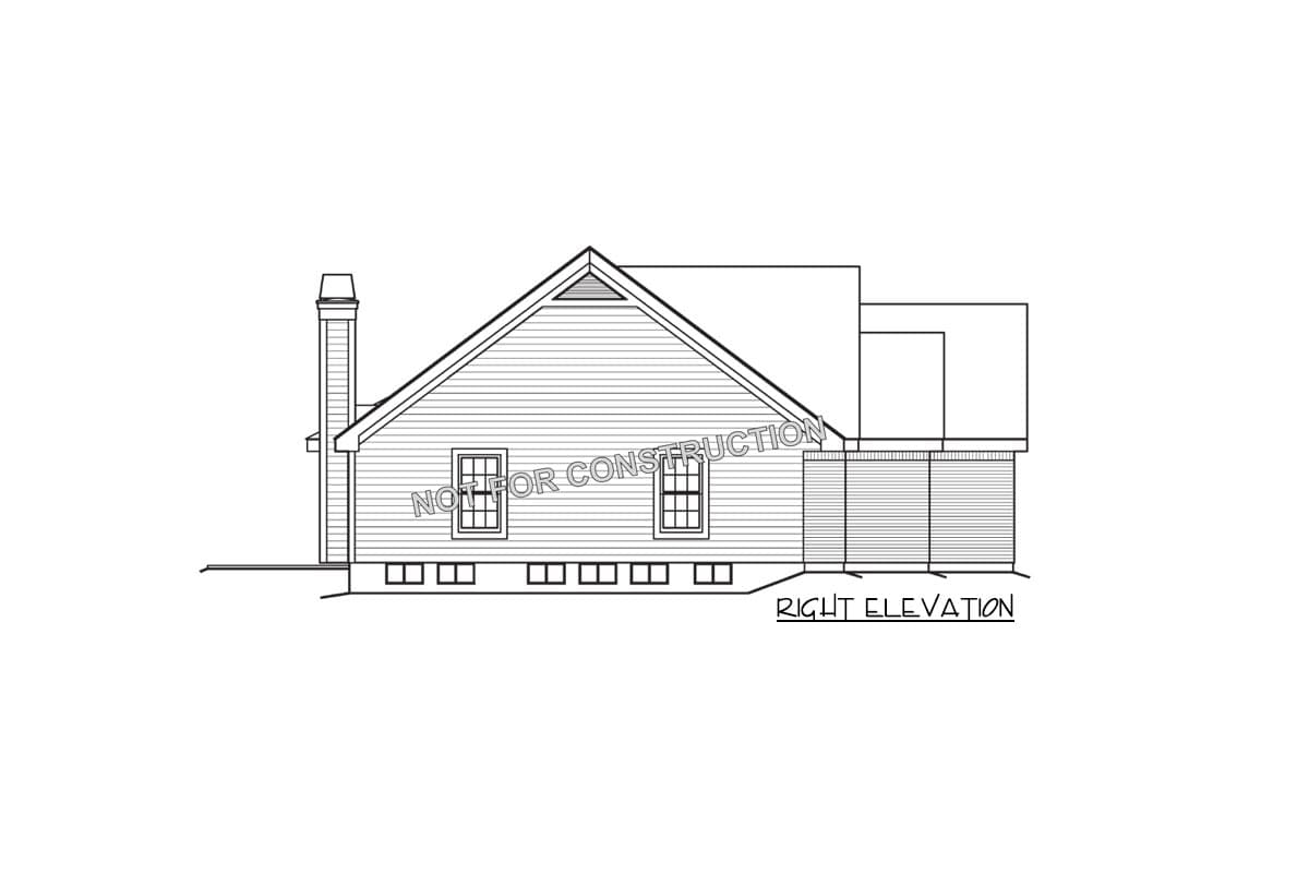 House plan right elevation showing siding, gables, double-hung windows, and a chimney.