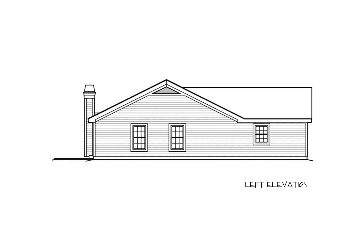 Left elevation drawing of a single-story house with a prominent gable, a chimney, and three windows.