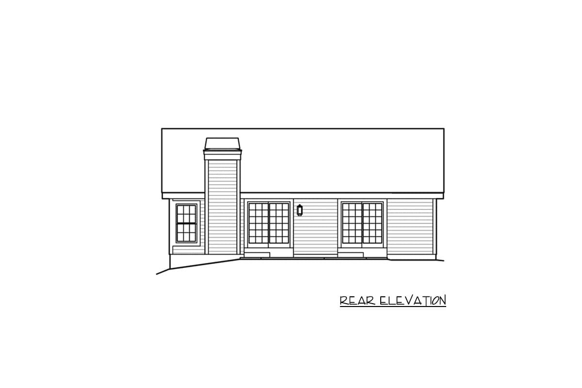 Rear elevation of house plan showing a large chimney, a window, two sliding doors, and another window.