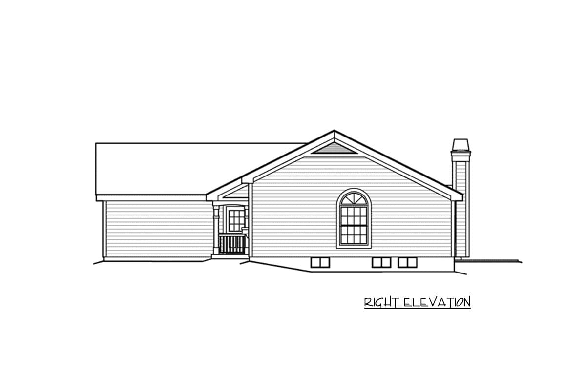 Right elevation drawing of a house plan featuring a prominent gable with arched window, small porch, and chimney.