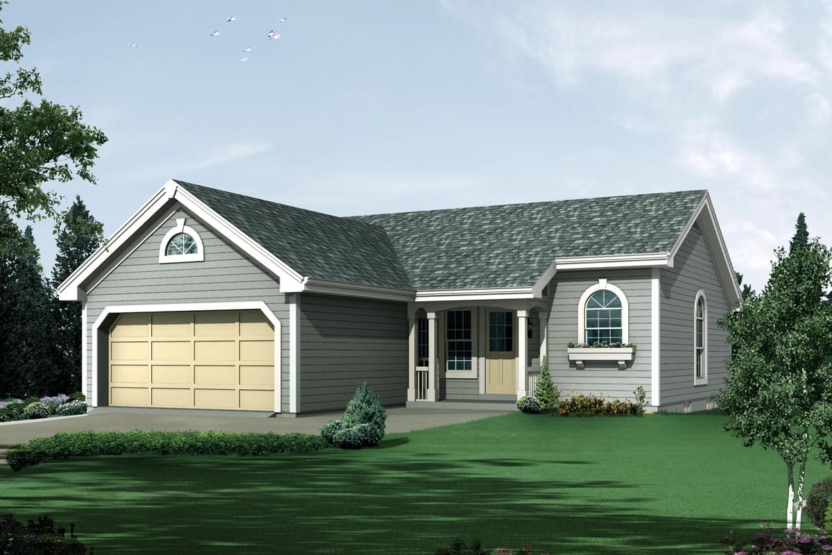 House plan exterior with gable roof, arched window, and attached garage. Features include a front porch and dormer window.