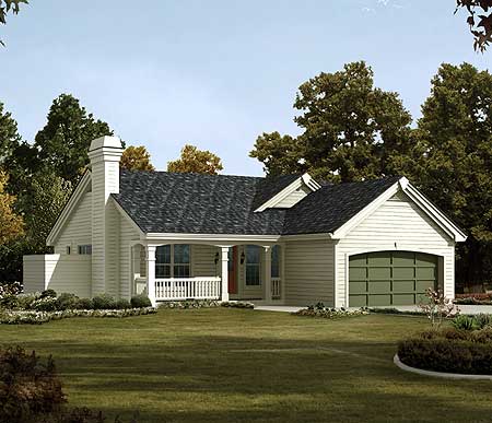 House plan exterior: One-story home with a covered front porch, prominent chimney, and attached garage.