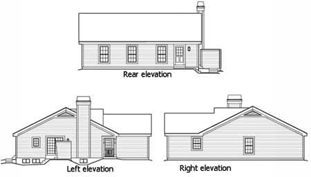 House plan elevations: Rear, left, and right views show a single-story structure with a gabled roof, prominent chimney, and windows.