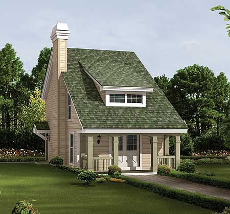 House plan exterior: Tall chimney, dormer window, covered porch with square columns, and gabled rooflines on a two-story home.