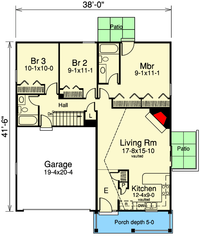 Plan 57149HA: Efficient Ranch Home Plan For A Slender Lot - Floor Plan - Main Level - Ranch