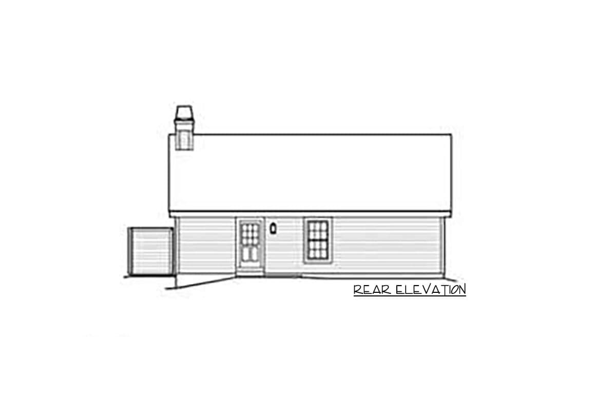 Rear elevation drawing of a house plan showing a door, window, chimney, and attached storage unit.